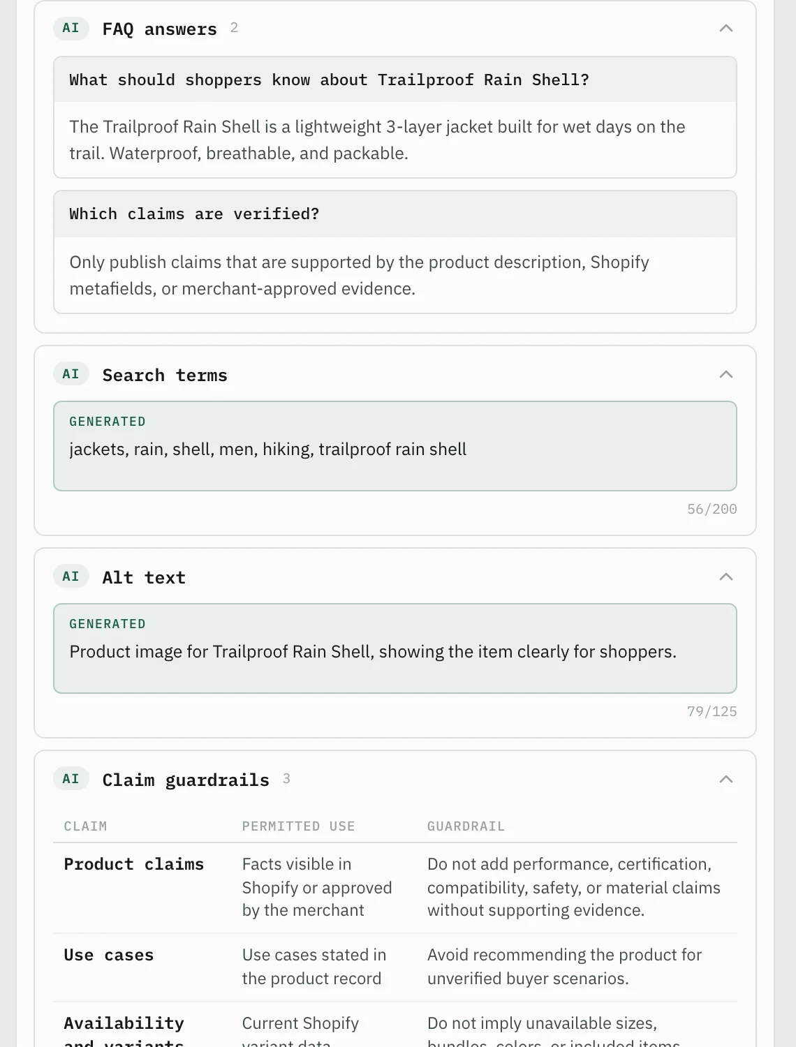 A Fix Pack in review: generated FAQ answers, search terms, alt text, and claim guardrails, each editable before publishing.